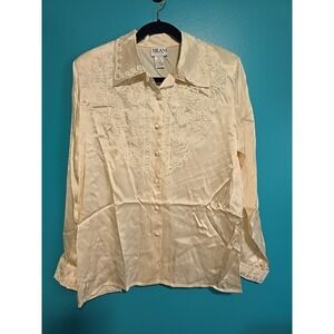 Vtg Silk Nilani Blouse Women 14 Button Up Romance Embroidery Piping Cream Detail
